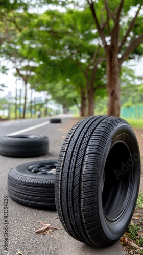 Obraz na płótnie Black tires are stacked on the side of an asphalt road, with trees and blurred grass creating a vibrant daytime backdrop w salonie