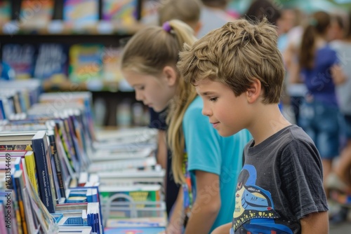 Book fair with children browsing new books