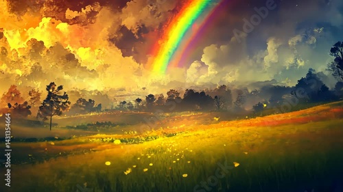 Rainbow glowing above a serene meadow, vibrant colors and realistic textures, isolated with atmospheric gradient background for magical artistic depiction.