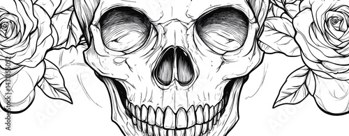 smoking skull with rose vines curling around jaw, gritty outlaw tattoo vibe, ink sketch vector style, bold black and white