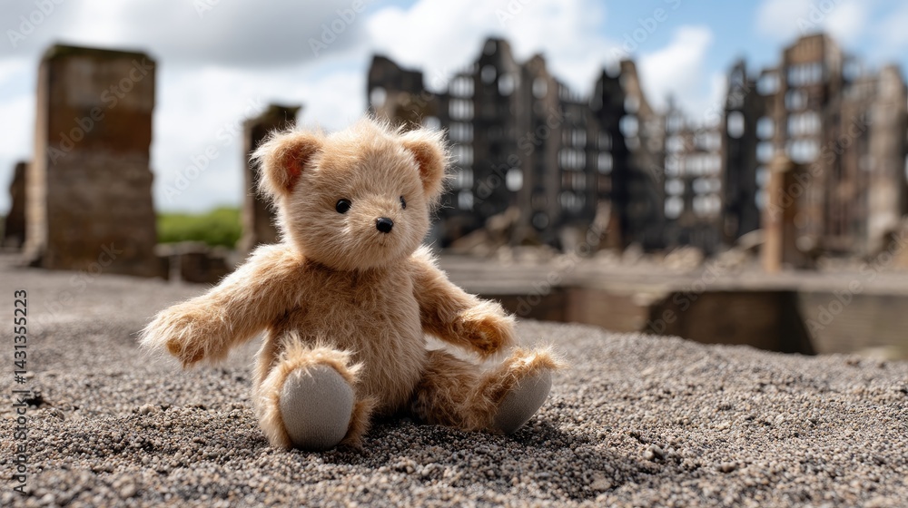 Worn teddy bear rests on ash, surrounded by charred remains of buildings, symbolizing loss and resilience amid devastation