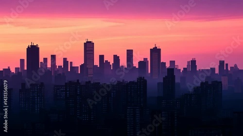 Wallpaper Mural aerial view of urban skyline, silhouettes of high-rise buildings at twilight, soft pastel colors in sky, peaceful and serene atmosphere Torontodigital.ca