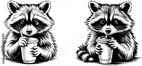 Realistic Raccoon Vintage Etching Illustration – Thoughtful Raccoon with Takeaway Drink Cup, Intricate Fur Details, Monochrome Artwork for Retro Apparel