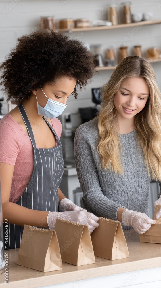 A barista in a medical mask serves a brown paper bag to a customer in a cozy coffee shop with a warm atmosphere