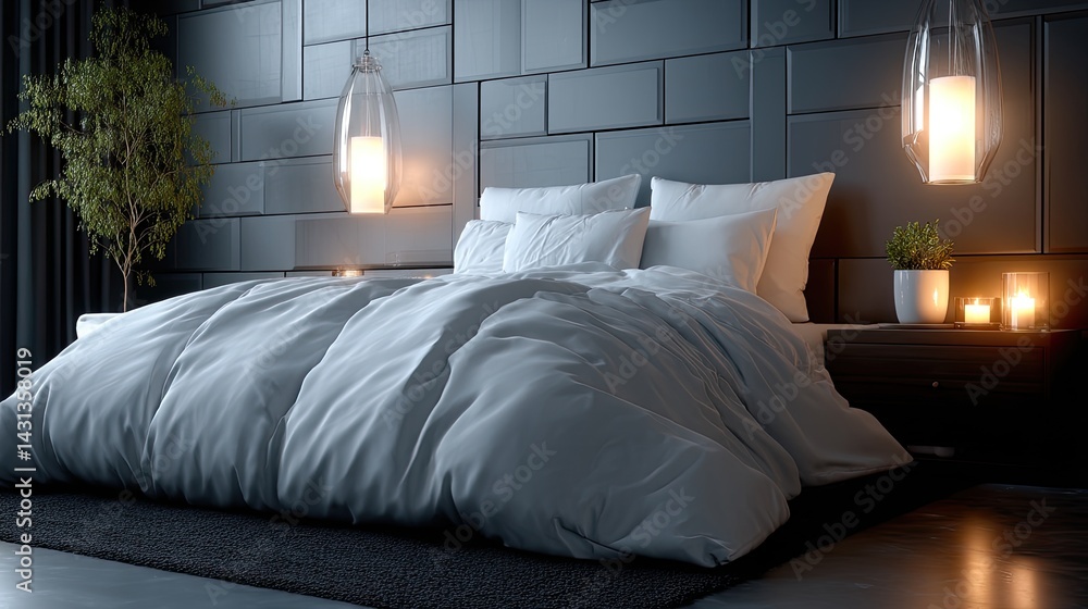 This inviting bedroom combines white linens, wooden dressers, and black brick walls, offering a tranquil and cozy retreat