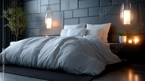 Obraz na płótnie This inviting bedroom combines white linens, wooden dressers, and black brick walls, offering a tranquil and cozy retreat w salonie