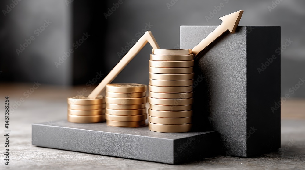 Gold coins are stacked on a black podium with an upward arrow, representing financial growth and success in a dark environment