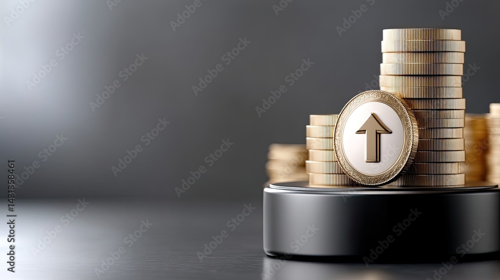 3D rendering features a stack of gold coins on a podium with an upward arrow, emphasizing business growth and financial success