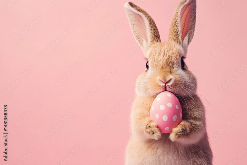 Obraz premium Adorable bunny holding polka dot egg on pink background