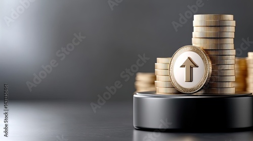 Obraz na płótnie 3D rendering features a stack of gold coins on a podium with an upward arrow, emphasizing business growth and financial success w salonie