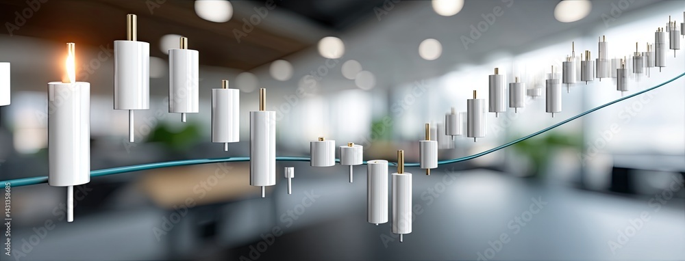 Detailed financial chart shows an upward trend with candlestick bars against a blue backdrop, representing market growth and analysis