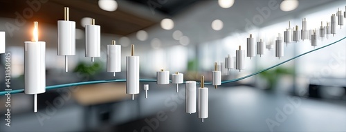 Obraz na płótnie Detailed financial chart shows an upward trend with candlestick bars against a blue backdrop, representing market growth and analysis w salonie