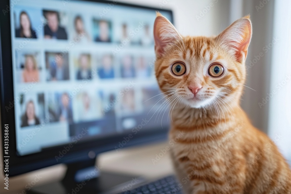 Curious orange tabby cat in front of computer displaying video call Curious orange tabby cat in front of computer displaying video call