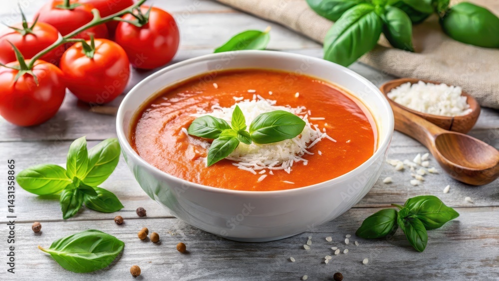 Creamy tomato soup in a white bowl with fresh basil leaves floating on top and a sprinkle of parmesan cheese, parmesan cheese, basil Creamy tomato soup in a white bowl with fresh basil leaves floating on top and a sprinkle of parmesan cheese, parmesan cheese, basil