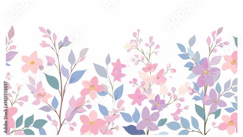 Flower seamless pattern with abstract floral branches with leaves, blossom lilac pink pastel flowers. Vector nature illustration in vintage watercolor style on light white background