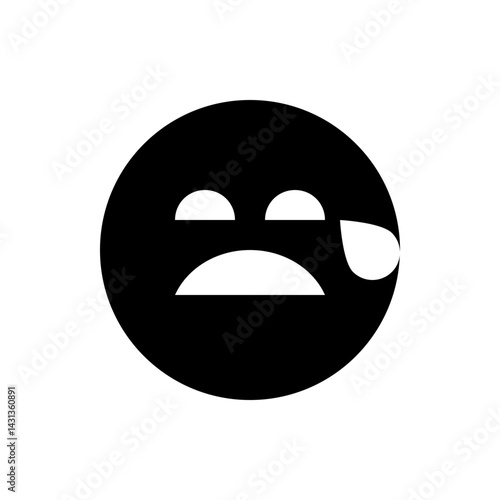 Black circle with a sad face featuring a tear drop on the side expressing a feeling of sorrow and grief