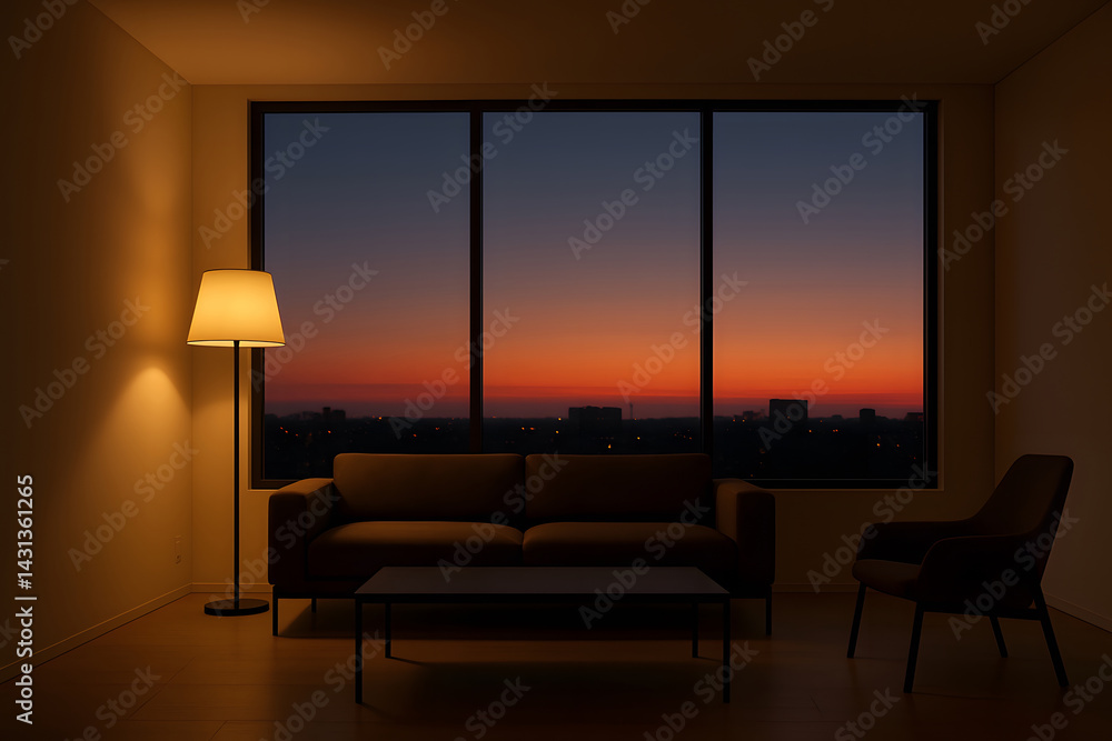 Fototapeta premium Minimalist Living Room with Sunset City View and Soft Floor Lamp Lighting. Peaceful Urban Apartment Interior with Sofa and Chair Facing Large Window Panes... Home Decor.