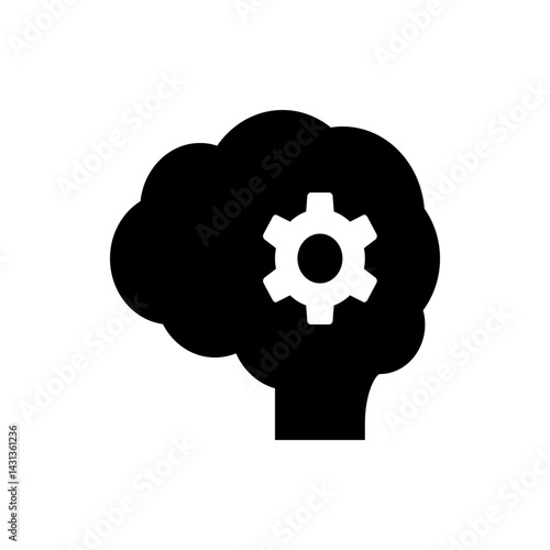 Black silhouette of a brain with a white gear inside representing thought process and intelligence functions