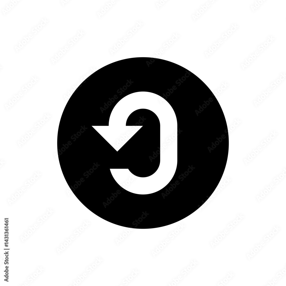 White arrow looping downwards inside a black circle indicating a redo or refresh action symbol design White arrow looping downwards inside a black circle indicating a redo or refresh action symbol design