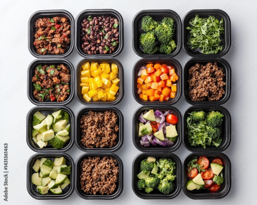 A colorful meal prep arrangement featuring varied healthy ingredients, including grains, vegetables, and fruits, neatly organized in black containers. A colorful meal prep arrangement featuring varied healthy ingredients, including grains, vegetables, and fruits, neatly organized in black containers.