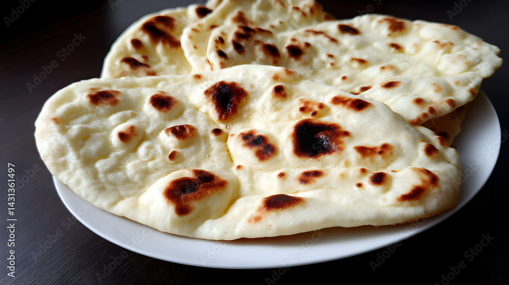 Soft and Fluffy Plain Naan on a White Plate Highlighting Teardrop Shape and Golden Brown Spots Soft and Fluffy Plain Naan on a White Plate Highlighting Teardrop Shape and Golden Brown Spots