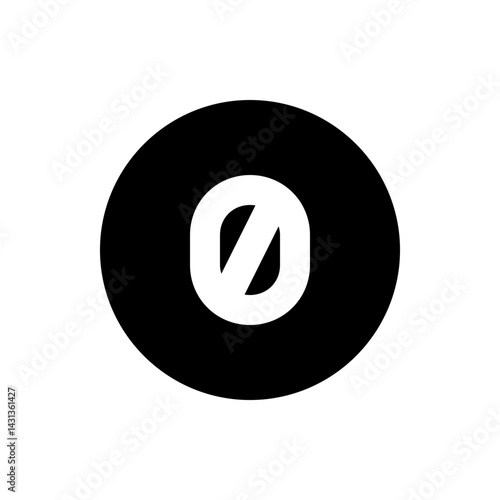 A black circle containing a white shape resembling the letter o with a diagonal line through its center