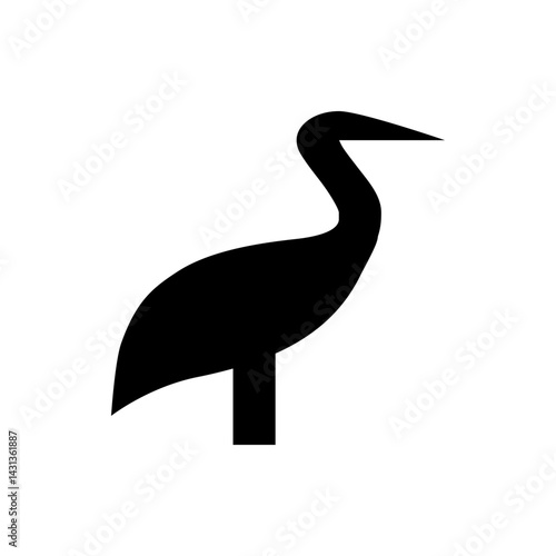 Silhouette of a long necked bird standing with a sleek body and a short beak on a white background