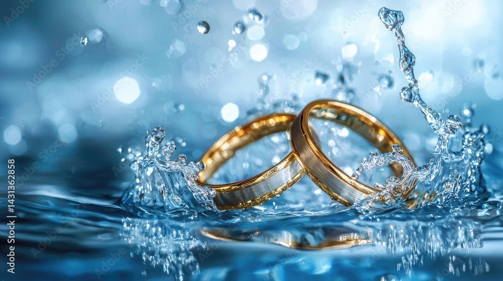 Two wedding rings, sparkling and shimmering, gently submerged in water with splashing ripples. Two wedding rings, sparkling and shimmering, gently submerged in water with splashing ripples.