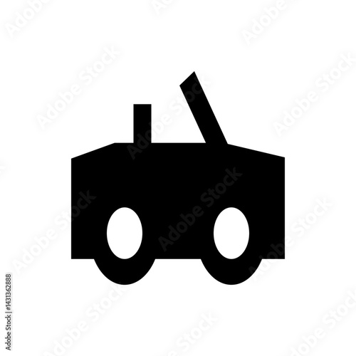 Silhouette of a convertible car with an open top and two visible wheels in a minimalist black and white style