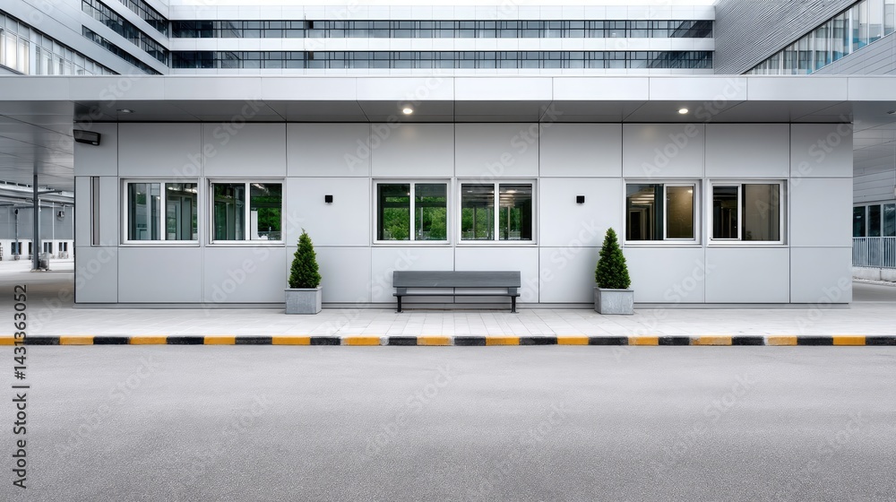 White architectural wall features windows against gray asphalt, offering a blank space for text and a clean, minimalist backdrop