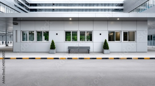 Obraz na płótnie White architectural wall features windows against gray asphalt, offering a blank space for text and a clean, minimalist backdrop w salonie