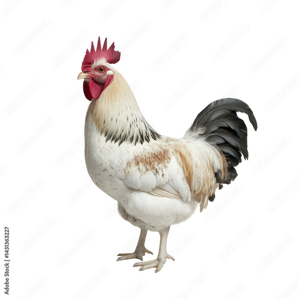 Fototapeta premium Rooster Portrait: A majestic rooster stands proudly, showcasing its vibrant plumage and striking features. Its cream and brown speckled feathers contrast beautifully with its black tail.
