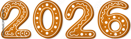 Gingerbread cookies in the shape of the numbers 2026. New Year, sweet, homemade dessert or winter holiday theme. Vector illustration.