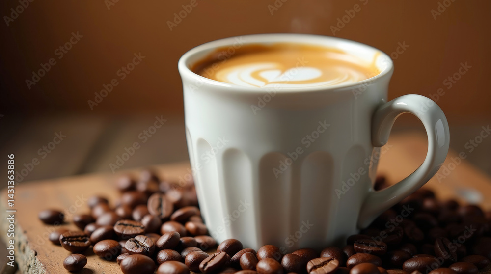 Cup of fresh cappuccino with latte art and coffee beans on wooden table, cozy café atmosphere Cup of fresh cappuccino with latte art and coffee beans on wooden table, cozy café atmosphere