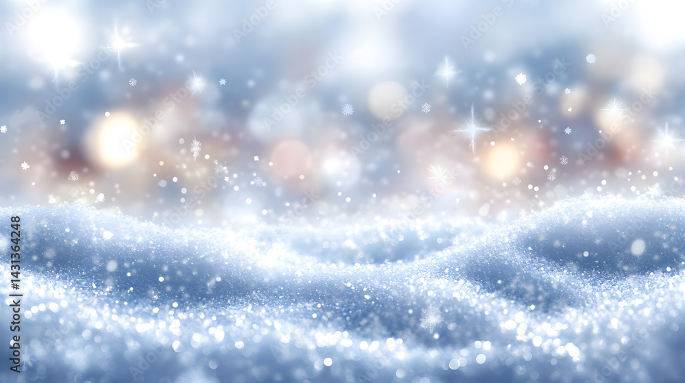 Fototapeta premium Sparkling Winter Snow Landscape With Glittering Bokeh Lights and Frosty Snowflakes holiday warmth, tranquility, and seasonal wonder