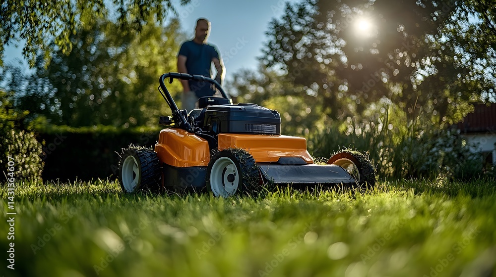 Fototapeta premium Low angle of man pruning grass