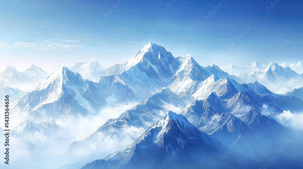 Fototapeta premium Majestic snow-capped Himalayan peaks, sunrise cloudscape, travel poster