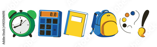 Colorful, cartoon-style illustration featuring school supplies. Includes an alarm clock, calculator, book, backpack, and an artist's palette with a paintbrush.