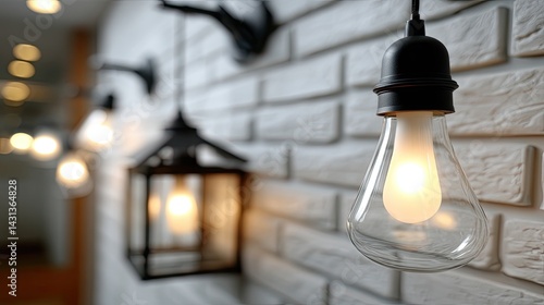 Obraz na płótnie Hanging light bulbs illuminate a stylish industrial interior, offering a warm and inviting atmosphere against a white brick backdrop w salonie