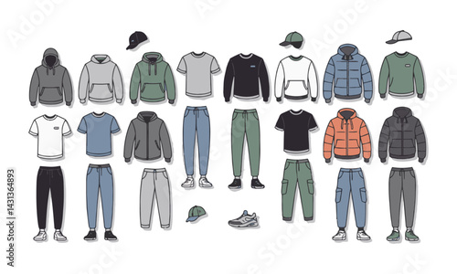  Modern vector-style fashion mockup of a unisex casual streetwear clothing collection, easily editable.