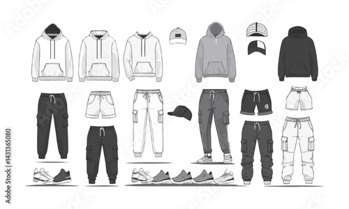  Modern vector-style fashion mockup of a unisex casual streetwear clothing collection, easily editable.