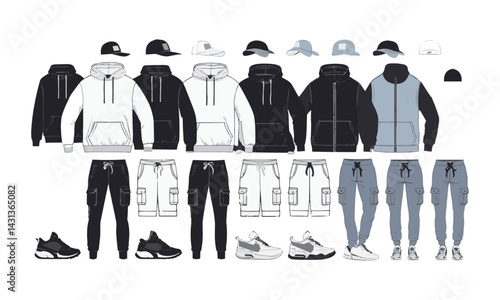  Modern vector-style fashion mockup of a unisex casual streetwear clothing collection, easily editable.