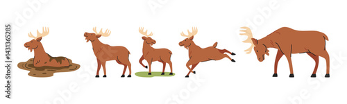 Illustration of various poses of a moose in a cartoon style. Perfect for wildlife, nature, and cartoon-related design projects.