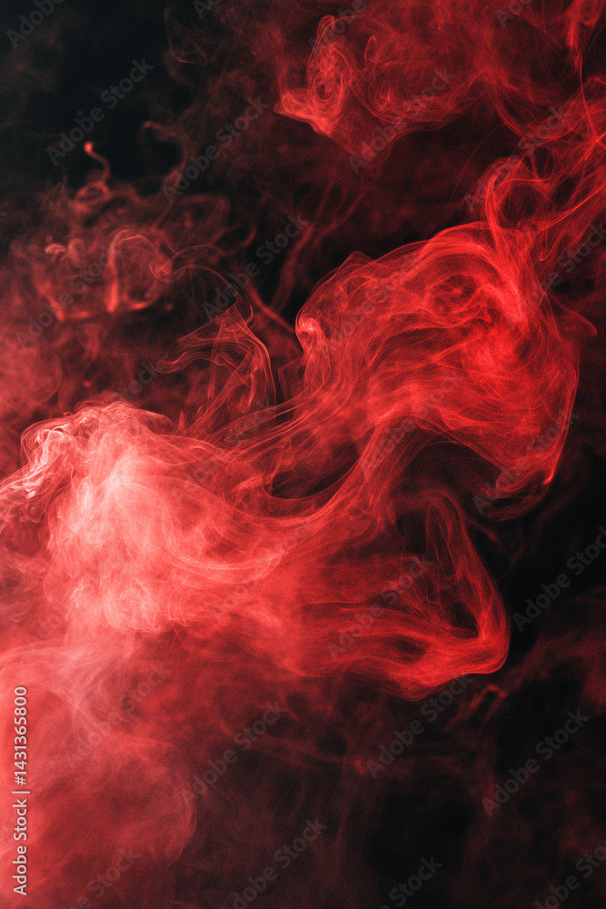 Obraz premium Swirling red smoke or mist with suspended particles, creating an ethereal, dynamic, and captivating visual effect against a dark atmospheric background.