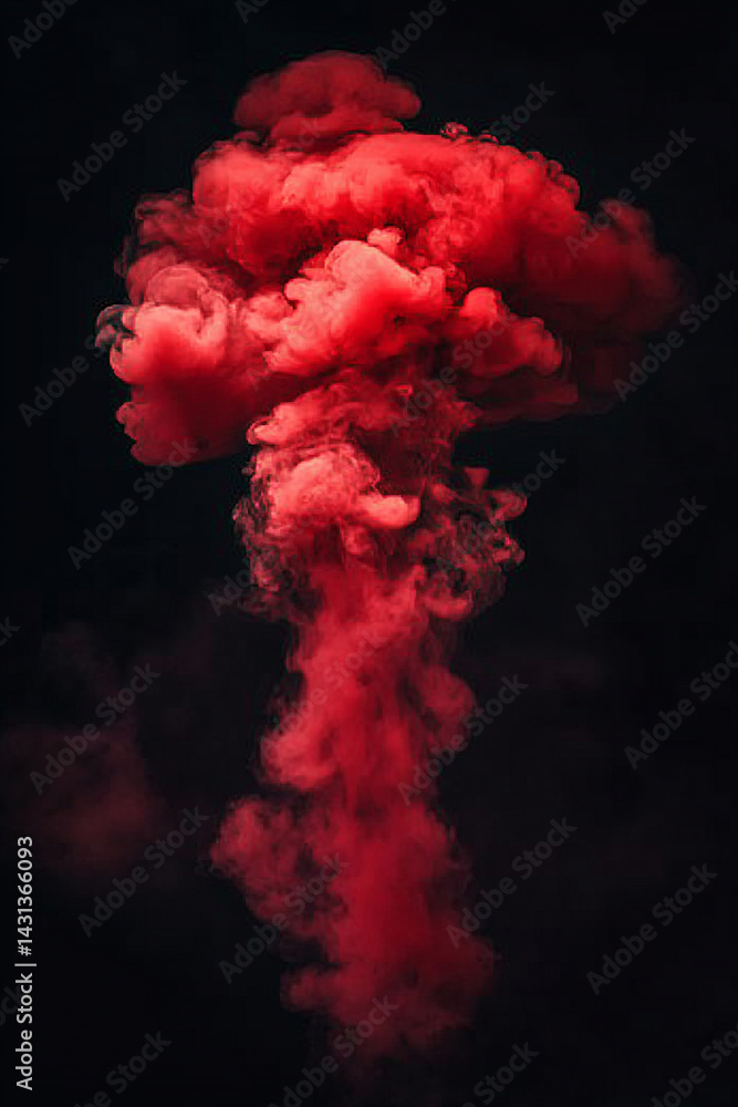 Fototapeta premium Swirling red smoke or mist with suspended particles, creating an ethereal, dynamic, and captivating visual effect against a dark atmospheric background.