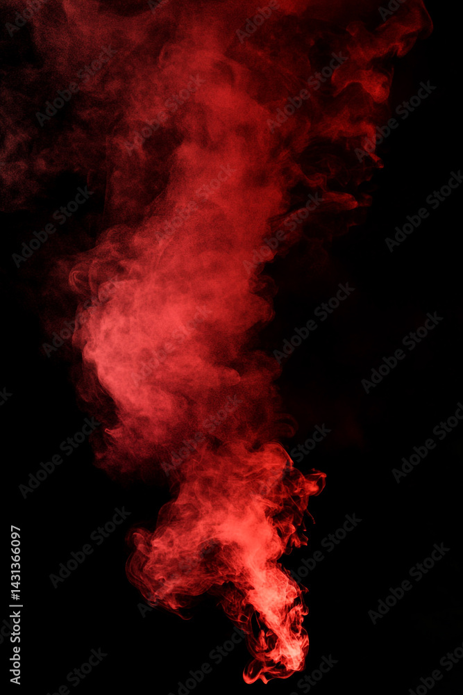 Fototapeta premium Swirling red smoke or mist with suspended particles, creating an ethereal, dynamic, and captivating visual effect against a dark atmospheric background.