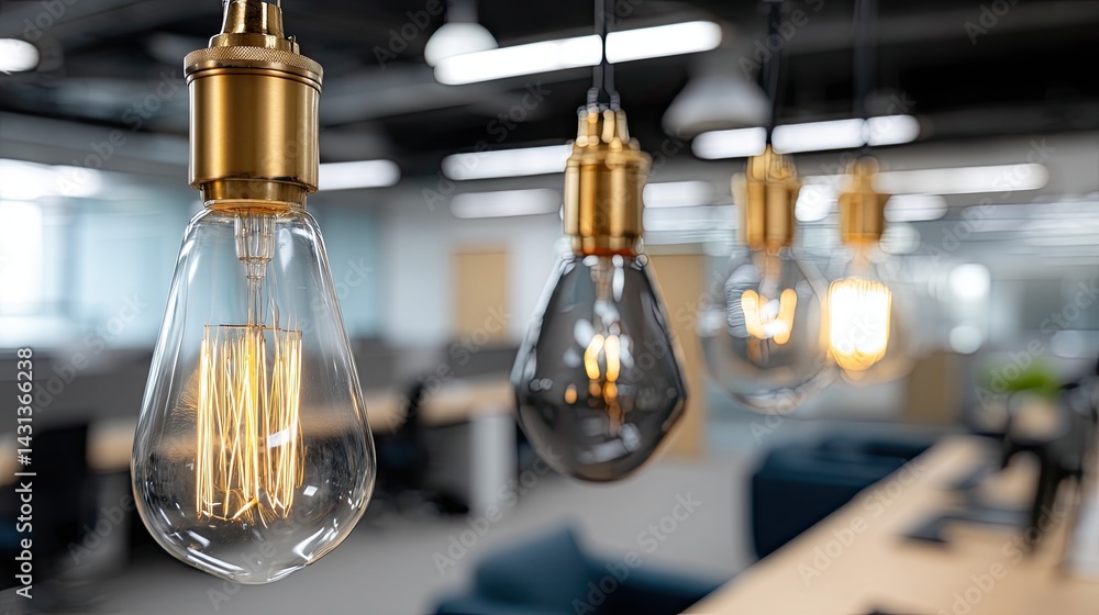 Pendant lamps hang from the ceiling, providing soft light that enhances the tranquil ambiance of a modern office environment