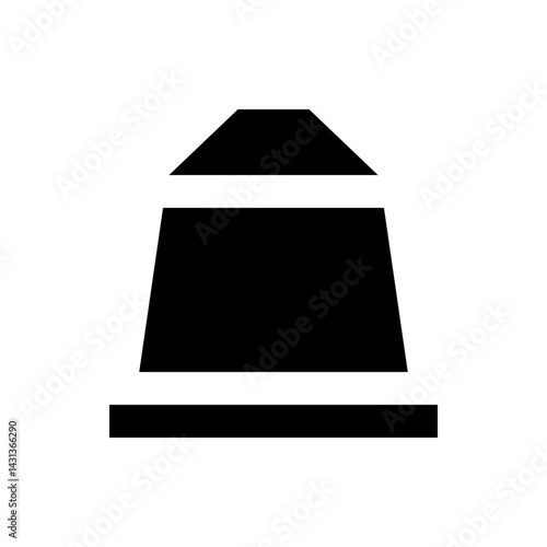 Illustration of a black abstract shape with a trapezoidal body and a truncated pyramid top on a rectangle
