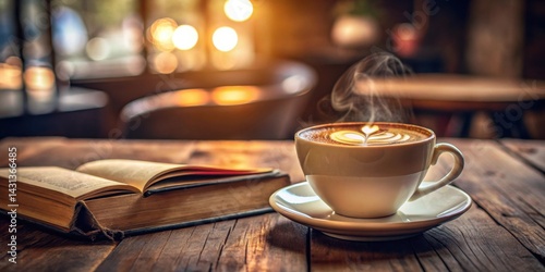 A steaming cup of coffee with latte art rests on a rustic wooden table next to an open book, capturing a moment of quiet contemplation and literary enjoyment in a warm, inviting cafe setting.