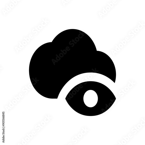 Illustration of a black cloud shape with a white eye shape below it on a white background design element